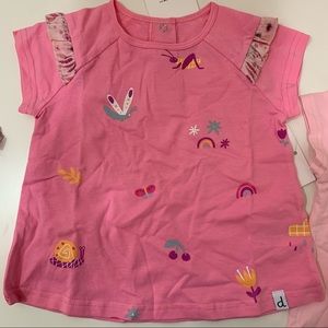 Deux par deux 2Y T-Shirt with Bugs & Flowers Print & Ruffle Sleeve in Pink
